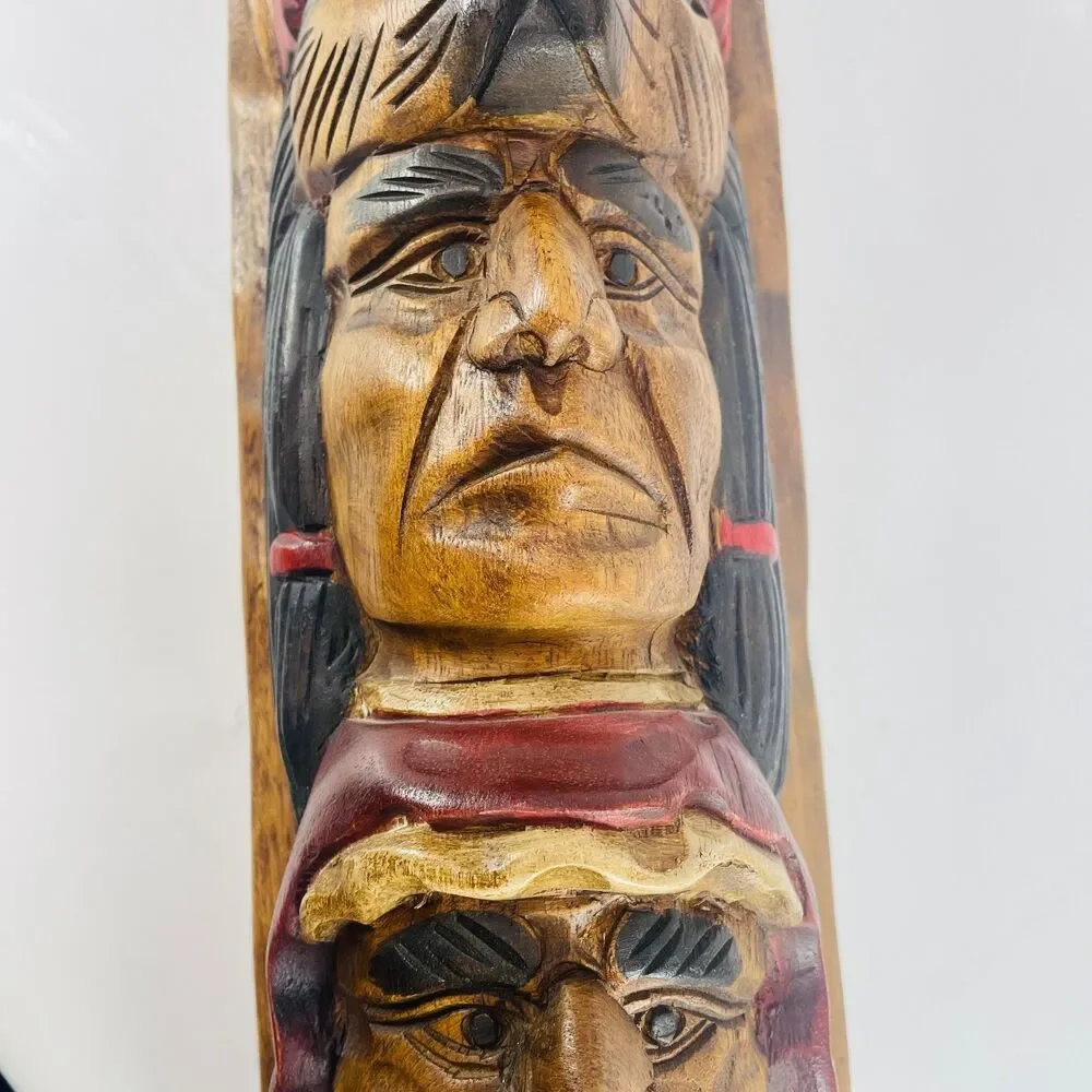 Native American 3-Face Wood Totem Pole Beaver Hand Carved Sculpture 16